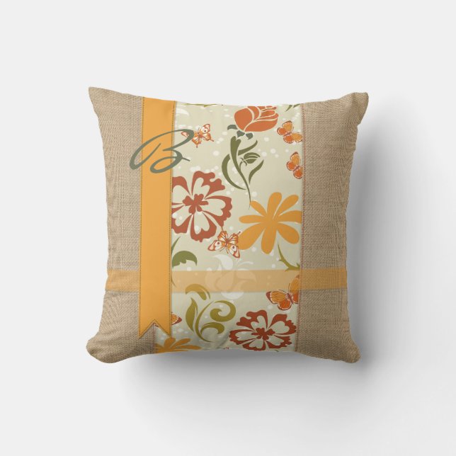 Beautiful Natural Burlap Orange Flower Butterflies Outdoor Pillow (Front)