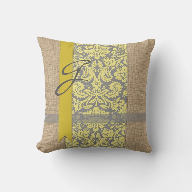 Beautiful Natural Burlap Yellow Gray Damask Ribbon Throw Pillow (Front)