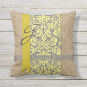 Beautiful Natural Burlap Yellow Gray Damask Ribbon Throw Pillow