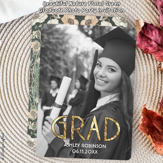 Beautiful Nature Floral Green Graduate Photo Party Invitation (Creator Uploaded)