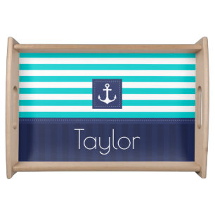 Beautiful Nautical Striped Anchor Custom Name Serving Tray