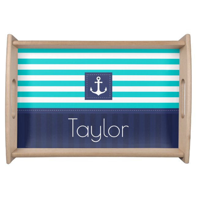 Beautiful Nautical Striped Anchor Custom Name Serving Tray (Front)
