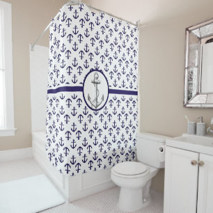 Beautiful Nautical Theme Blue Anchor Pattern Shower Curtain