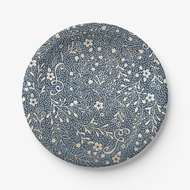 Beautiful Navy and Gold Floral Elegant Wedding Paper Plates (Front)