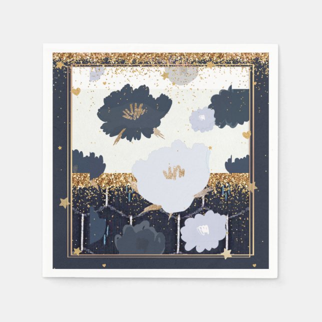 Beautiful Navy Blue and Gold Floral Design Napkins (Front)