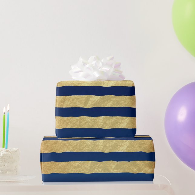 Beautiful Navy Blue and Gold Foil Stripes Wrapping Paper (Party Gifts)
