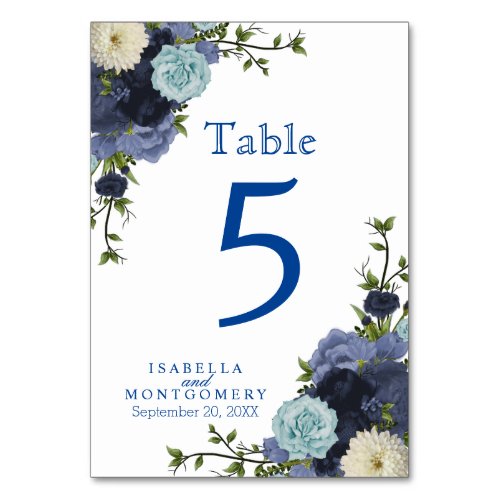 Beautiful Navy Blue Floral Table Number