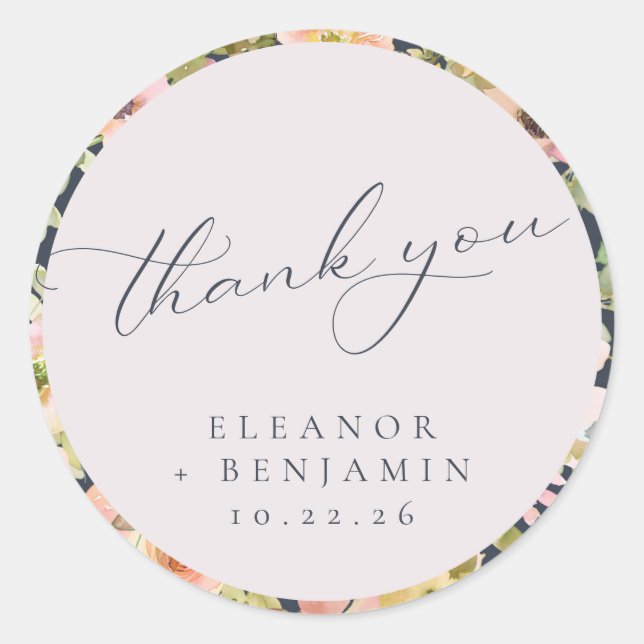 Beautiful Navy Blue Floral Wedding Thank You Classic Round Sticker (Front)