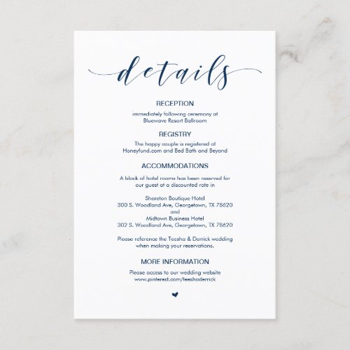 Beautiful Navy Blue font Wedding Details Enclosure Card