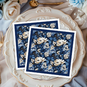 Beautiful Navy Blue Ivory Floral Table Napkins