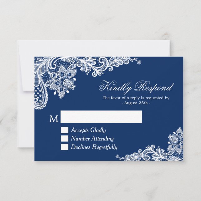 Beautiful Navy Blue Lace Wedding RSVP Reply Card (Front)