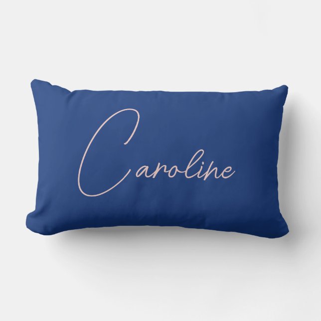 Beautiful Navy Blue Personalized Pink Script Name Lumbar Pillow (Front)