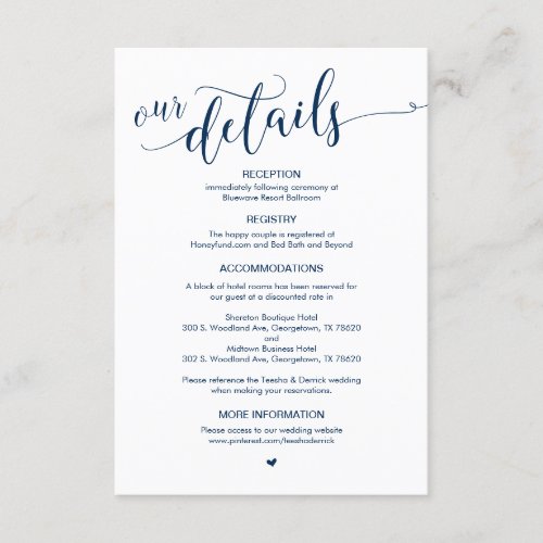 Beautiful Navy Blue Script Our Wedding Details Enclosure Card