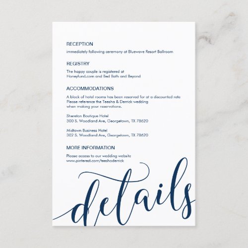 Beautiful Navy Blue Script Our Wedding Details Enclosure Card