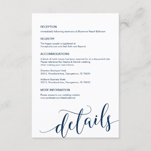 Beautiful Navy Blue Script Our Wedding Details Enclosure Card