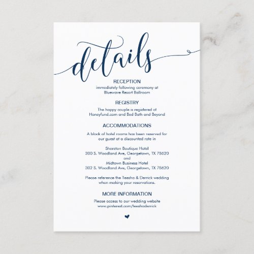 Beautiful Navy Blue Script Wedding Details Enclosure Card