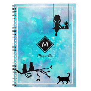 Beautiful Navy Blue Watercolor Galaxy Girl Diary Notebook
