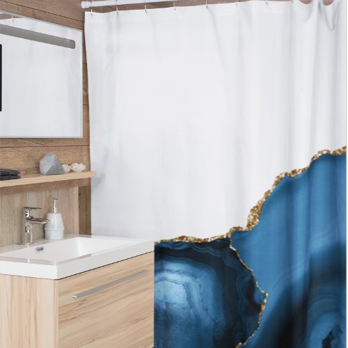 Beautiful Navy Blue with Metallic Gold Agate Shower Curtain