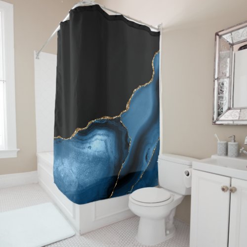 Beautiful Navy Blue with Metallic Gold Agate Shower Curtain