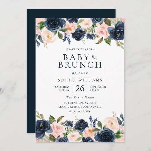 Beautiful Navy  Blush Floral Baby Shower Brunch Invitation