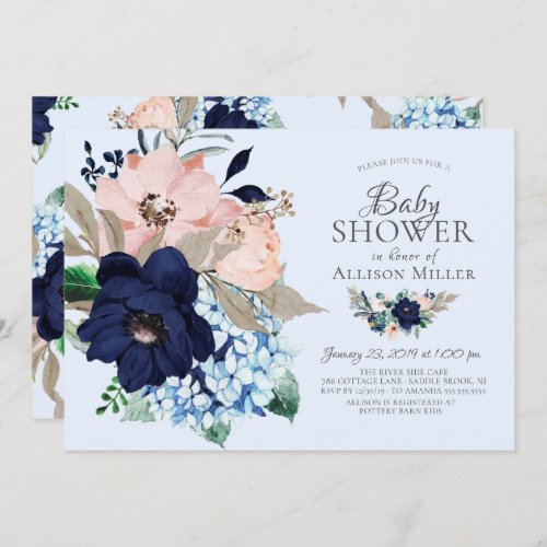 Beautiful Navy  Blush Floral Baby Shower Invitation
