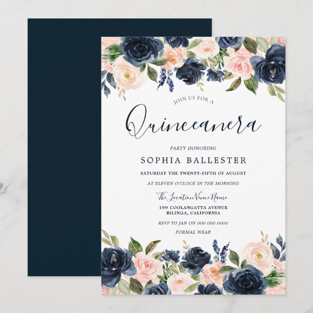 Beautiful Navy & Blush Floral Quinceanera Party Invitation (Front/Back)