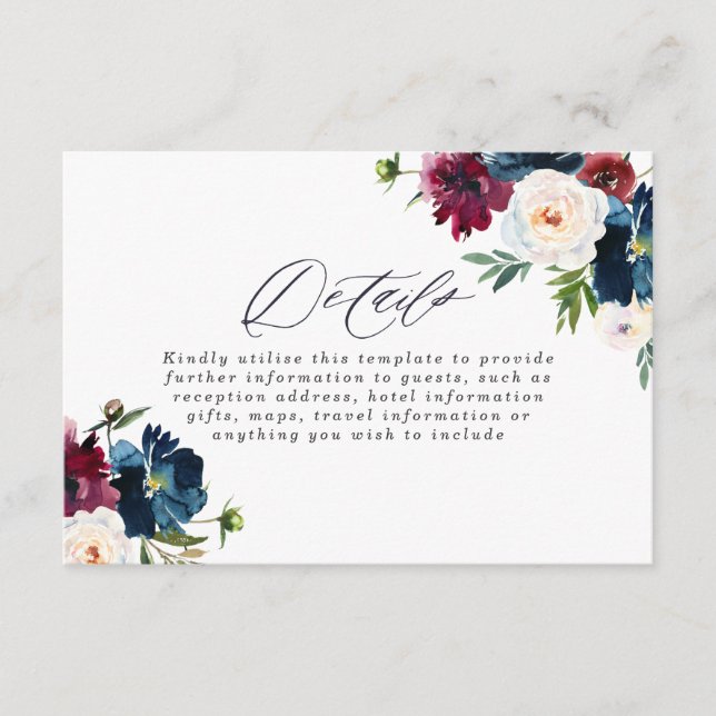 Beautiful Navy Burgundy Red Blush Floral Wedding Enclosure Card (Front)