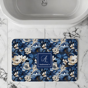 Beautiful Navy Flowers Personalized Floral Bath Mat