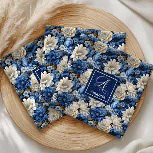 Beautiful Navy Flowers Personalized Floral Cloth   Napkin