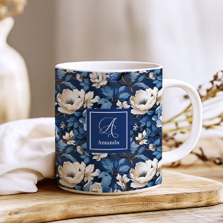 Beautiful Navy Flowers Personalized Floral Coffee Mug