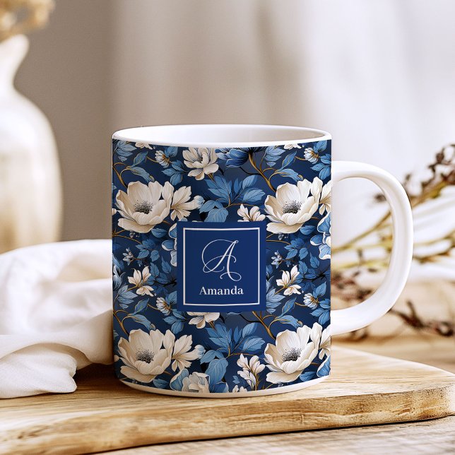 Beautiful Navy Flowers Personalized Floral Coffee  Mug (Beautiful Navy Flowers Personalized Floral Coffee Mug)