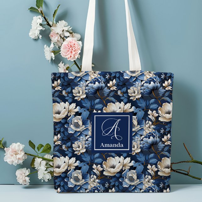 Beautiful Navy Flowers Personalized Floral Tote  Bag (Beautiful Navy Flowers Personalized Floral Tote Bag)