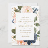 beautiful navy & pink blush blooms wedding invitation (Front)