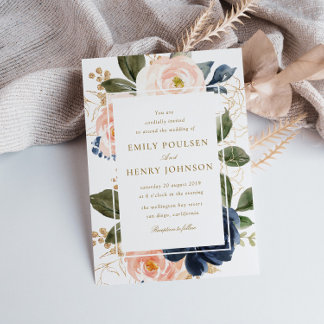 beautiful navy & pink blush blooms wedding invitation