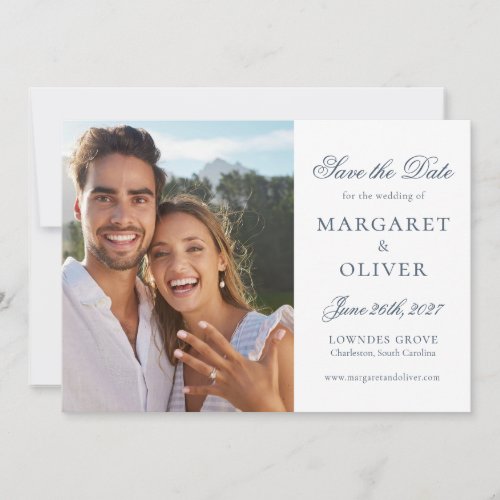 Beautiful Navy Script Photo Save The Date Card