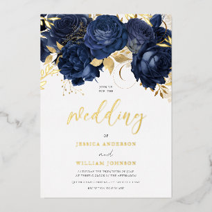 Beautiful Navy Wedding: Floral & Gold Foil Invitation