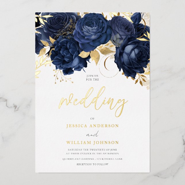 Beautiful Navy Wedding: Floral & Gold Foil Invitation (Front)