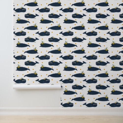 Beautiful Navy Whales On White Wallpaper