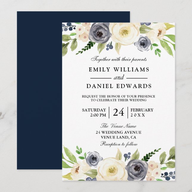 Beautiful Navy & White Champagne Floral Wedding Invitation (Front/Back)