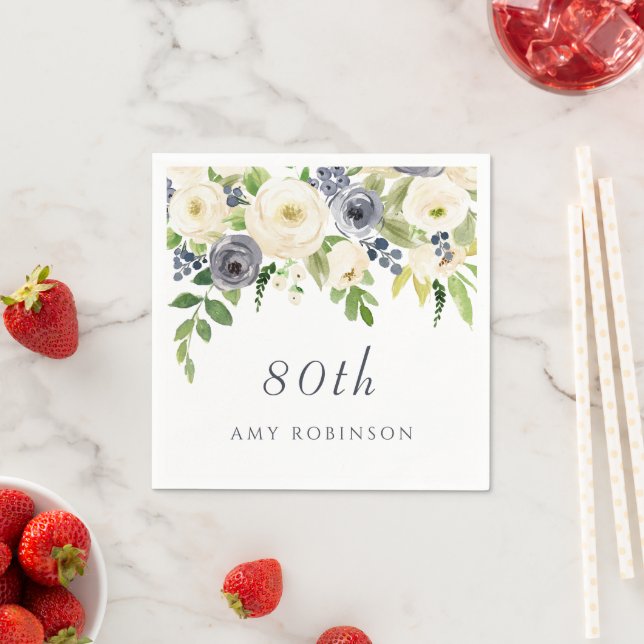 Beautiful Navy & White flowers 80th Birthday Party Napkins (Insitu)