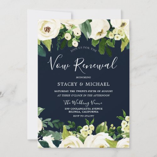 Beautiful Navy White Flowers Spring Vow Renewal Invitation