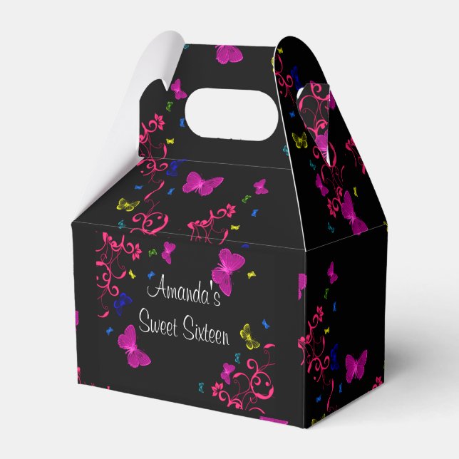 Beautiful Neon Butterflies, Sweet Sixteen, Custom Favor Boxes (Front Side)
