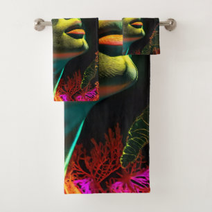 Beautiful Neon Woman Art , Vibrant Colors Bath Towel Set