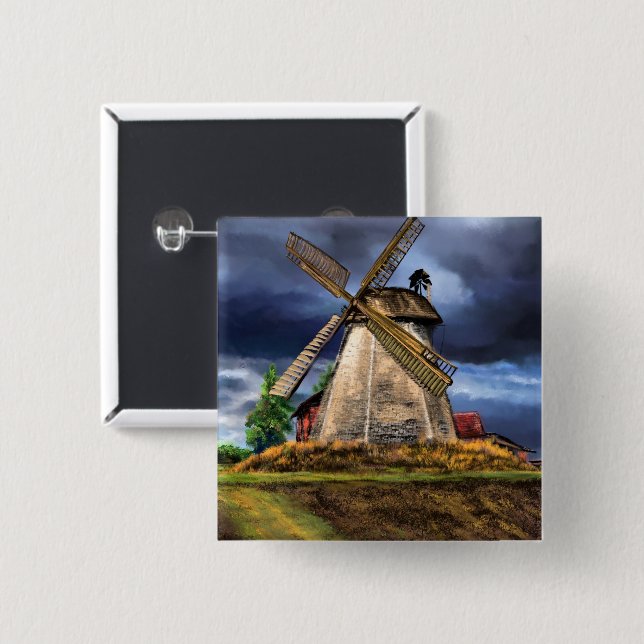 Beautiful Netherlands Windmill Landscape - Drawing Button (Front & Back)