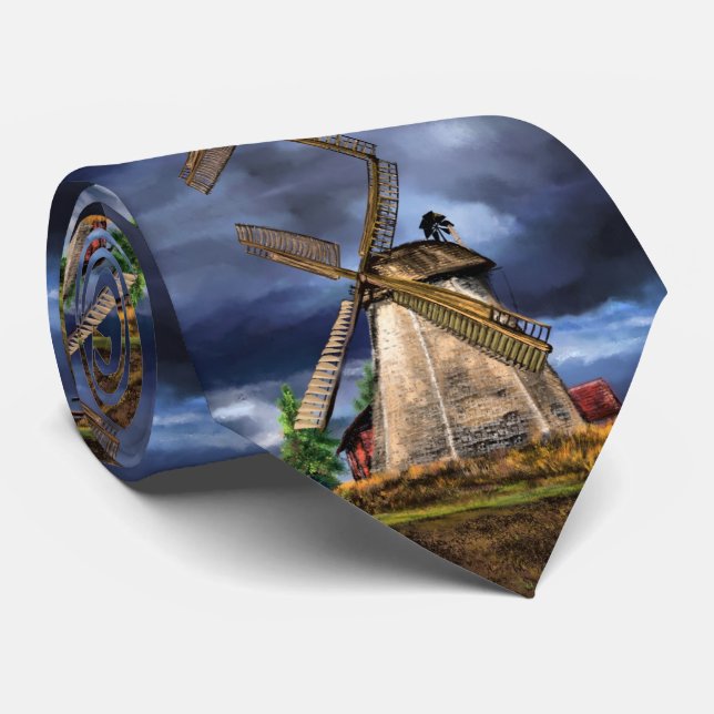 Beautiful Netherlands Windmill Landscape - Drawing Neck Tie (Rolled)