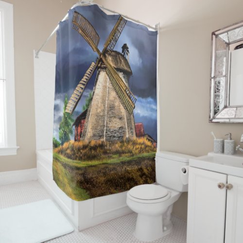 Beautiful Netherlands Windmill Landscape  Drawing Shower Curtain
