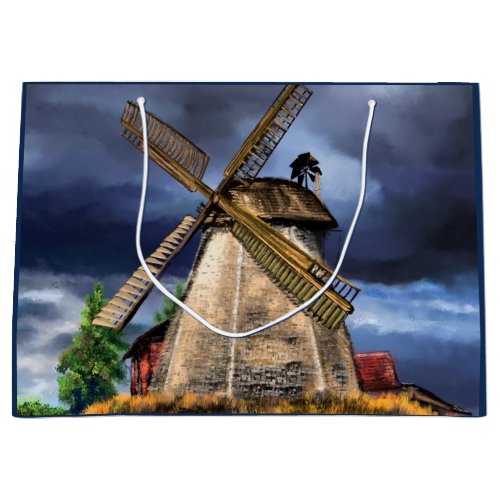 Beautiful Netherlands Windmill Landscape  Painting Large Gift Bag