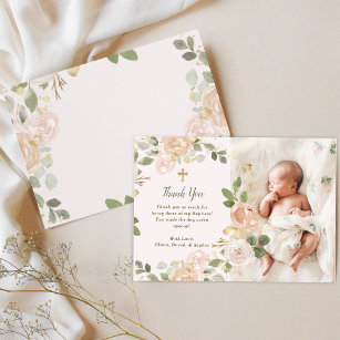 Beautiful Neutral Floral and Cross   Photo Baptism Thank You Card