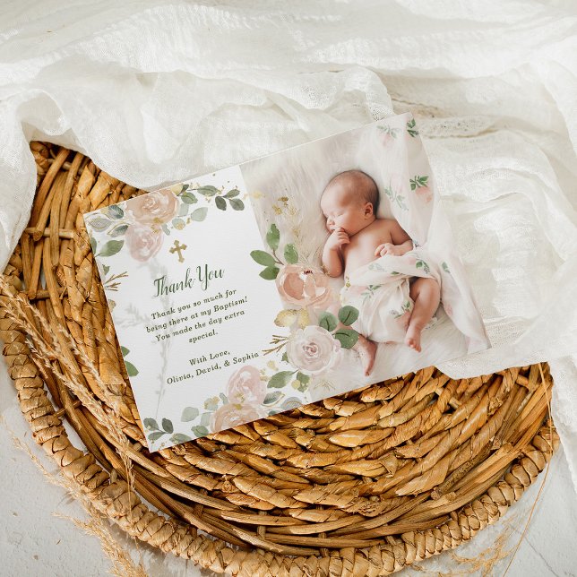 Beautiful Neutral Floral and Cross | Photo Baptism Thank You Card (Creator Uploaded)
