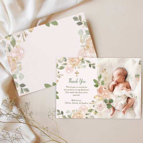 Beautiful Neutral Floral and Cross  Photo Baptism Thank You Card